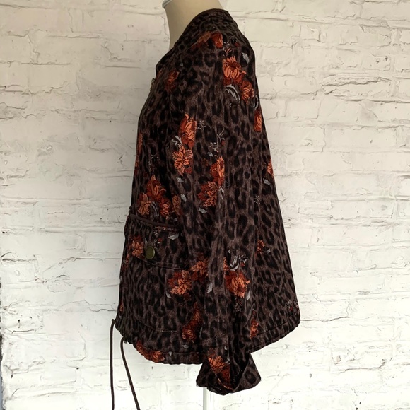 Bomber jacket brown leopard print floral pattern Large lightweight - Picture 3 of 8